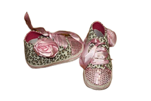 Size 3 soft sole high tops with sequence toes and rose details with ribbon lace ups- new tags removed