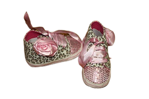 Size 3 soft sole high tops with sequence toes and rose details with ribbon lace ups- new tags removed